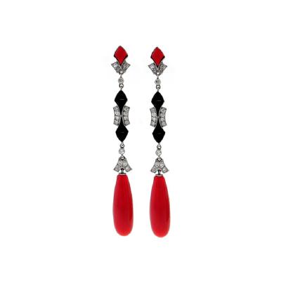 PLATINUM DIAMOND BLACK ONYX AND CORAL EARRINGS