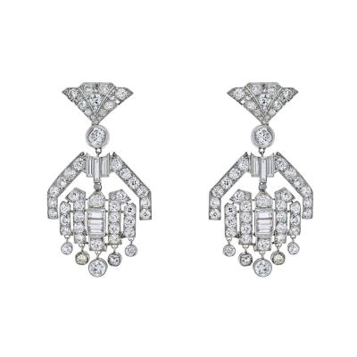 PLATINUM DIAMOND DECO DANGLING DROP EARRINGS