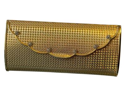 POLISHED GOLDTONE METAL CLUTCH WITH RHINESTONE FLORET ACCENTS