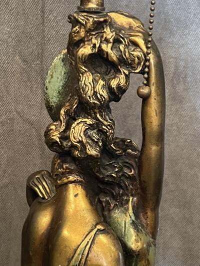 POMPEIAN BRONZE COMPANY ART DECO ENTWINED LOVERS UNDER CRESCENT MOON WITH OWL LAMP