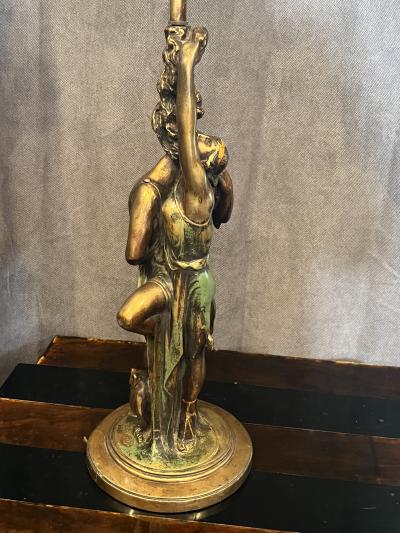 POMPEIAN BRONZE COMPANY ART DECO ENTWINED LOVERS UNDER CRESCENT MOON WITH OWL LAMP
