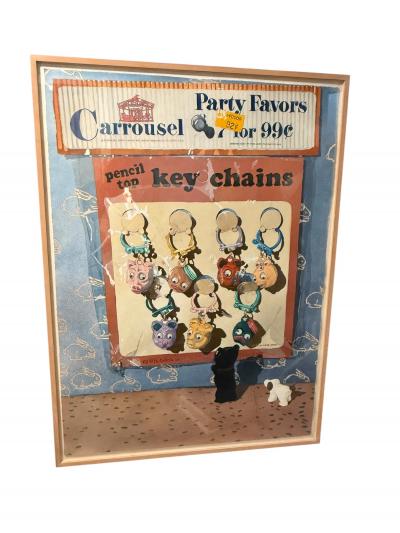 POP ART WATERCOLOR OF GOOGLY EYED ANIMAL HEAD KEY CHAINS IN ORIGINAL PACKAGING