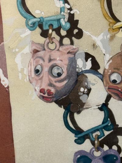 POP ART WATERCOLOR OF GOOGLY EYED ANIMAL HEAD KEY CHAINS IN ORIGINAL PACKAGING