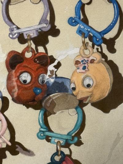 POP ART WATERCOLOR OF GOOGLY EYED ANIMAL HEAD KEY CHAINS IN ORIGINAL PACKAGING