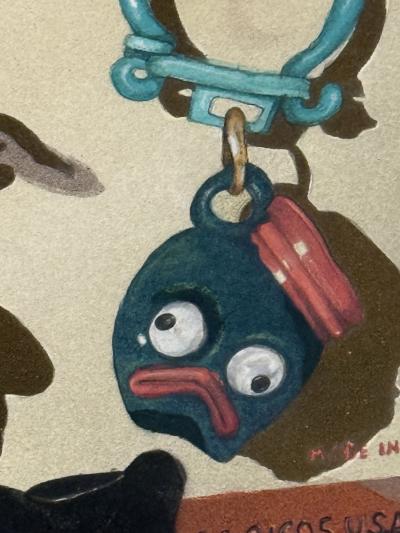 POP ART WATERCOLOR OF GOOGLY EYED ANIMAL HEAD KEY CHAINS IN ORIGINAL PACKAGING