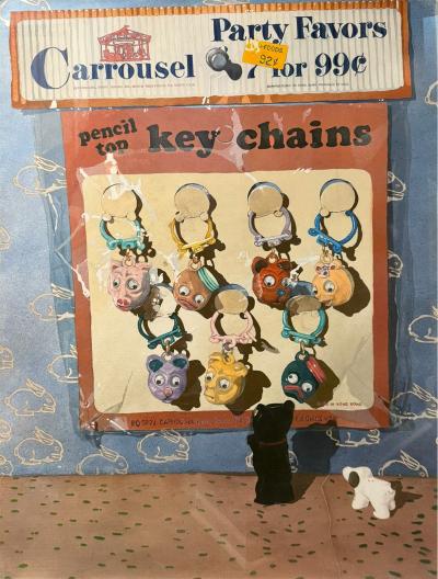 POP ART WATERCOLOR OF GOOGLY EYED ANIMAL HEAD KEY CHAINS IN ORIGINAL PACKAGING
