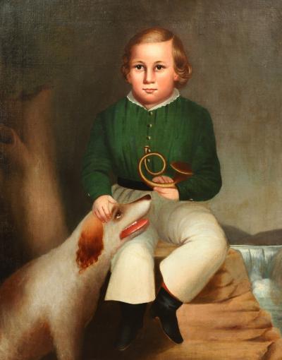 PORTRAIT OF A BOY HOLDING A HORN SEATED BY HIS DOG