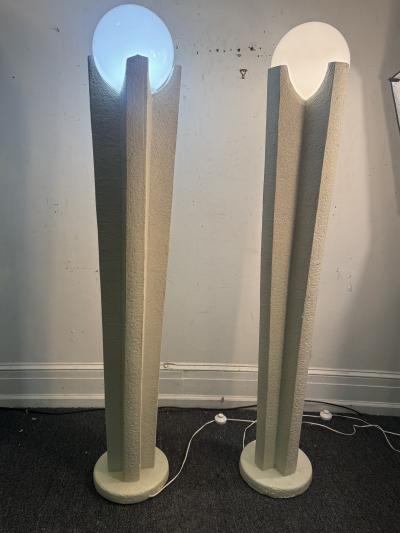 POST MODERN ART DECO REVIVAL WHITE PLASTER FLOOR LAMPS WITH WHITE GLASS GLOBE