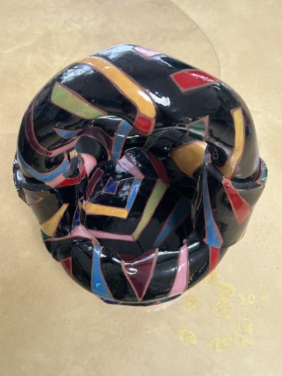 POST MODERN BRIGHTLY COLORED STRIPED GLAZED TERRACOTTA BASKET