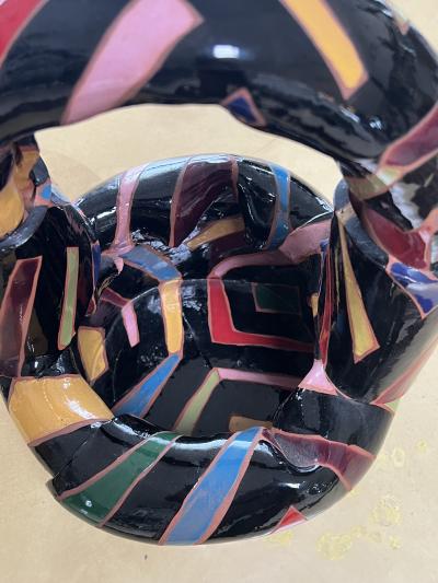 POST MODERN BRIGHTLY COLORED STRIPED GLAZED TERRACOTTA BASKET