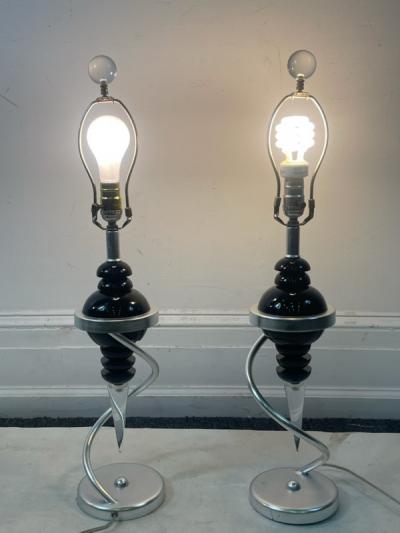 POST MODERN DESIGNER BLACK AND CLEAR LUCITE LAMPS