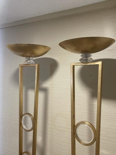 POST MODERN GOLD LEAF METAL AND LUCITE TORCHIERES