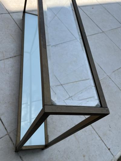 POST MODERN GOLD METAL DOUBLE TIER BEVELED GLASS WHITE GLASS CONSOLE