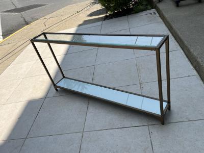POST MODERN GOLD METAL DOUBLE TIER BEVELED GLASS WHITE GLASS CONSOLE
