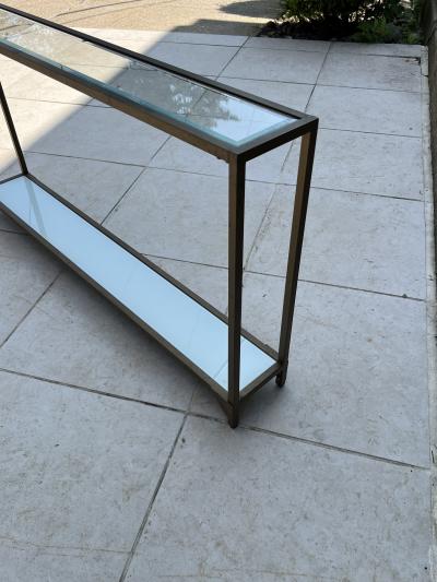 POST MODERN GOLD METAL DOUBLE TIER BEVELED GLASS WHITE GLASS CONSOLE