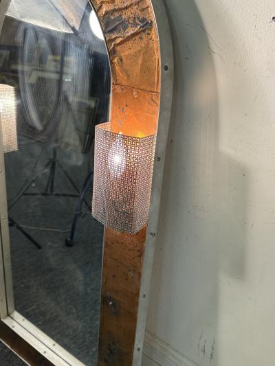 POST MODERN MIXED METALS BRUTALIST MIRROR WITH SCONCES