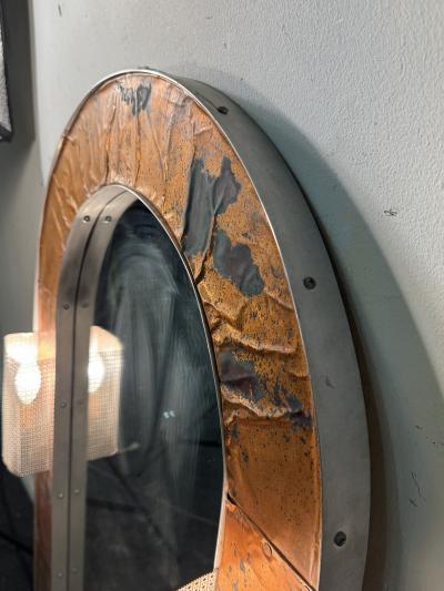POST MODERN MIXED METALS BRUTALIST MIRROR WITH SCONCES