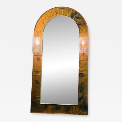 POST MODERN MIXED METALS BRUTALIST MIRROR WITH SCONCES