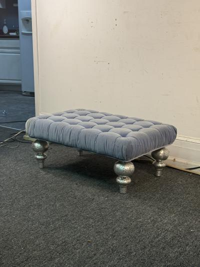 POST MODERN TUFTED LIGHT BLUE VELVET BENCH WITH FANCY RIVETED METAL ORNATE LEGS
