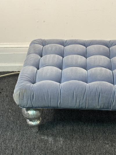 POST MODERN TUFTED LIGHT BLUE VELVET BENCH WITH FANCY RIVETED METAL ORNATE LEGS