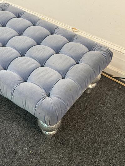 POST MODERN TUFTED LIGHT BLUE VELVET BENCH WITH FANCY RIVETED METAL ORNATE LEGS