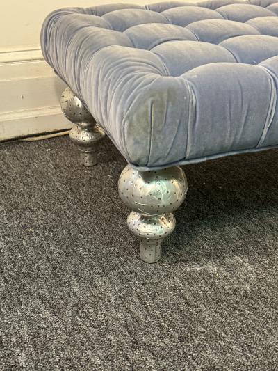 POST MODERN TUFTED LIGHT BLUE VELVET BENCH WITH FANCY RIVETED METAL ORNATE LEGS