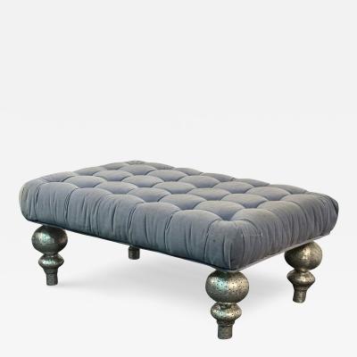 POST MODERN TUFTED LIGHT BLUE VELVET BENCH WITH FANCY RIVETED METAL ORNATE LEGS