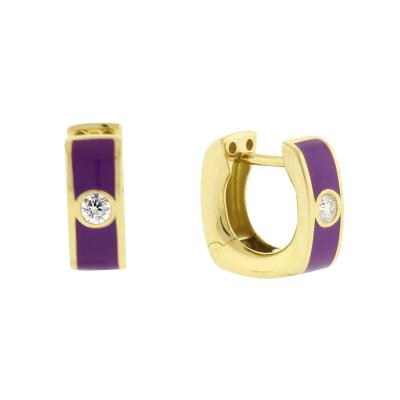 PURPLE ENAMEL SMALL DIAMOND HUGGIE EARRINGS