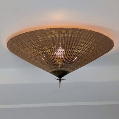 Paavo Tynell A Large Paavo Tynell Flush Mount Model 1076 in Brass Rattan Idman 1950s