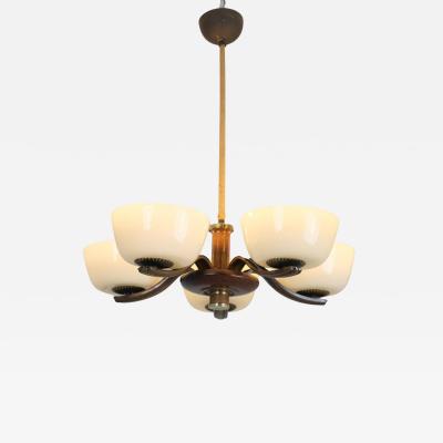 Paavo Tynell Art Deco Paavo Tynell Pendant 1255 in Brass Birch Opaline Glass Taito 1930s