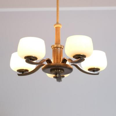 Paavo Tynell Art Deco Paavo Tynell Pendant in Brass Birch Opaline Glass Taito 1940s