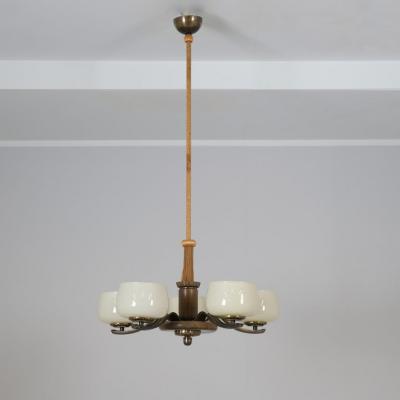 Paavo Tynell Art Deco Paavo Tynell Pendant in Brass Birch Opaline Glass Taito 1940s