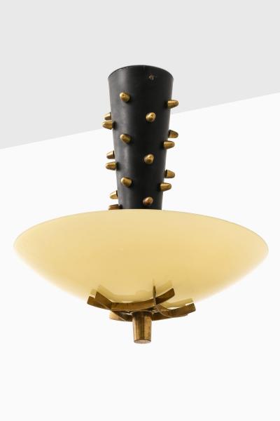 Paavo Tynell Early Ceiling Lamp in Black Metal Opaline Glass Brass by Paavo Tynell 1940s