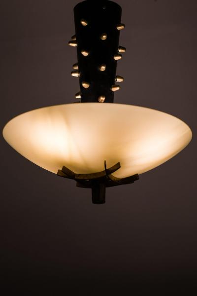 Paavo Tynell Early Ceiling Lamp in Black Metal Opaline Glass Brass by Paavo Tynell 1940s