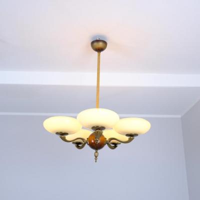 Paavo Tynell Early Paavo Tynell Pendant 1373 in Brass Birch Opaline Glass Taito 1930s