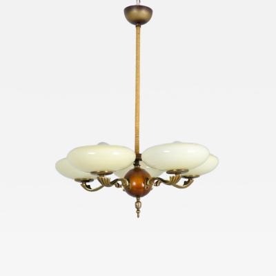 Paavo Tynell Early Paavo Tynell Pendant 1373 in Brass Birch Opaline Glass Taito 1930s