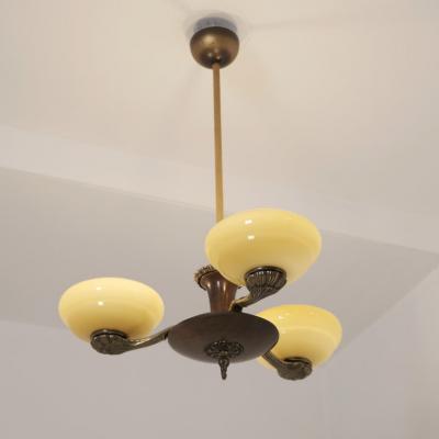 Paavo Tynell Early Paavo Tynell Pendant 1376 in Brass Birch Opaline Glass Taito 1930s