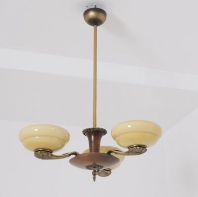 Paavo Tynell Early Paavo Tynell Pendant 1376 in Brass Birch Opaline Glass Taito 1930s