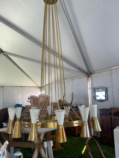 Paavo Tynell MONUMENTAL BRASS ALUMINUM MID CENTURY CHANDELIER IN THE MANNER OF PAAVO TYNELL