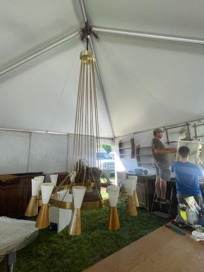 Paavo Tynell MONUMENTAL BRASS ALUMINUM MID CENTURY CHANDELIER IN THE MANNER OF PAAVO TYNELL