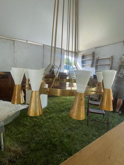 Paavo Tynell MONUMENTAL BRASS ALUMINUM MID CENTURY CHANDELIER IN THE MANNER OF PAAVO TYNELL