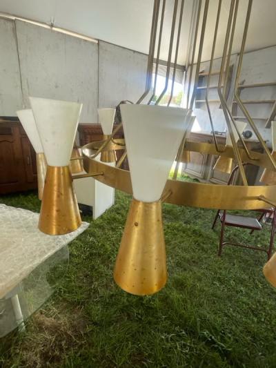 Paavo Tynell MONUMENTAL BRASS ALUMINUM MID CENTURY CHANDELIER IN THE MANNER OF PAAVO TYNELL