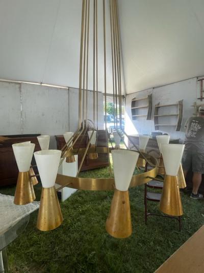 Paavo Tynell MONUMENTAL BRASS ALUMINUM MID CENTURY CHANDELIER IN THE MANNER OF PAAVO TYNELL