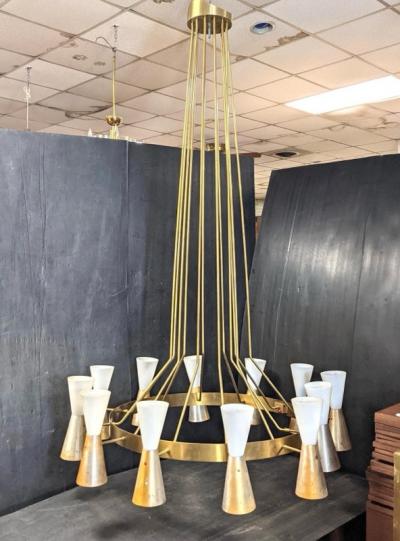 Paavo Tynell MONUMENTAL BRASS ALUMINUM MID CENTURY CHANDELIER IN THE MANNER OF PAAVO TYNELL