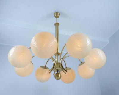 Paavo Tynell Monumental Paavo Tynell Art Deco Brass Opaline Lighting Fixture Taito 1930s