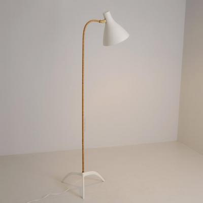 Paavo Tynell Nordic Modern Paavo Tynell Floor Lamp 9603 White Brass Rattan Taito 1950s