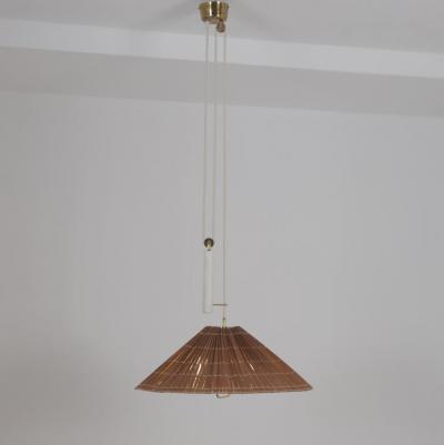 Paavo Tynell Paavo Tynell Adjustable Ceiling Lamp model A1998 in Brass White Rattan 1950s