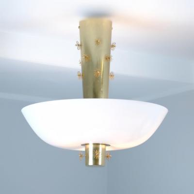 Paavo Tynell Paavo Tynell Ceiling Lamp Cannon Shell Model 9040 Brass Opaline Idman 1950s