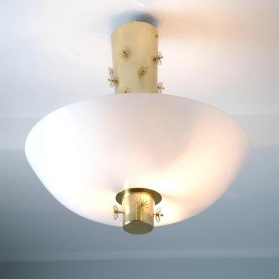 Paavo Tynell Paavo Tynell Ceiling Lamp Cannon Shell Model 9040 Brass Opaline Idman 1950s