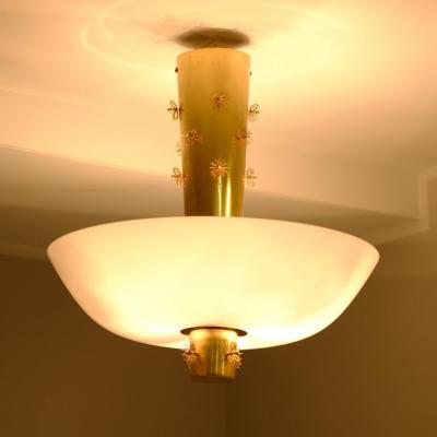 Paavo Tynell Paavo Tynell Ceiling Lamp Cannon Shell Model 9040 Brass Opaline Idman 1950s